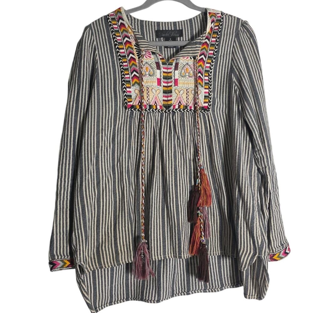 Womens Brandon Thomas Small Striped Embroidered Boho Peasant Blouse Tassel Top